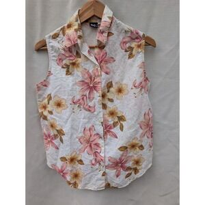 Basic Editions Floral Button Down Top M White Pink Lily Ramie Cotton Vintage 90s